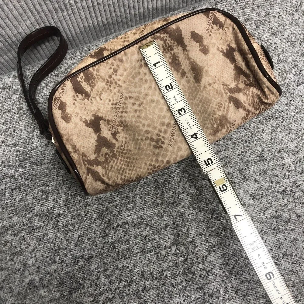Monogram B Makowsky Small Make Up Bag Faux Brown Snakeskin Print Patent Trim